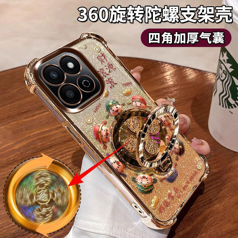 适用华为荣耀畅玩60Plus手机壳闪金财神镜头膜保护ALT-AN00好运常在软胶honor全包防摔财源滚滚ALTAN陀螺支架