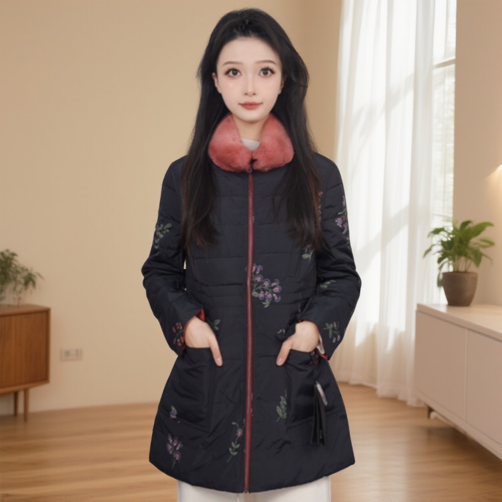 乔万尼新款冬黑色印花羽绒服女中长款毛领保暖棉衣显瘦EB4T086501
