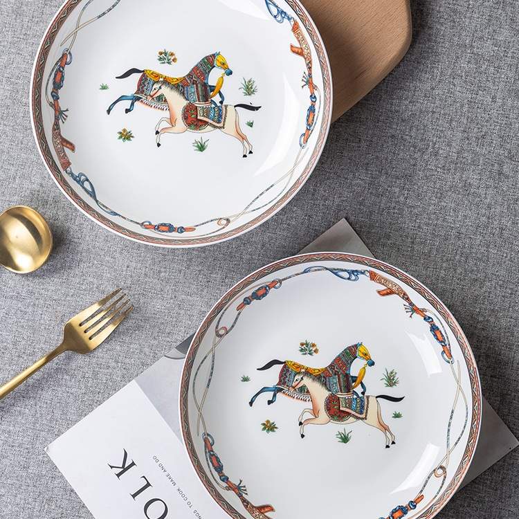 盘子菜盘陶瓷家用餐具深盘景德镇感骨瓷饭盘8英寸6个套装碟子