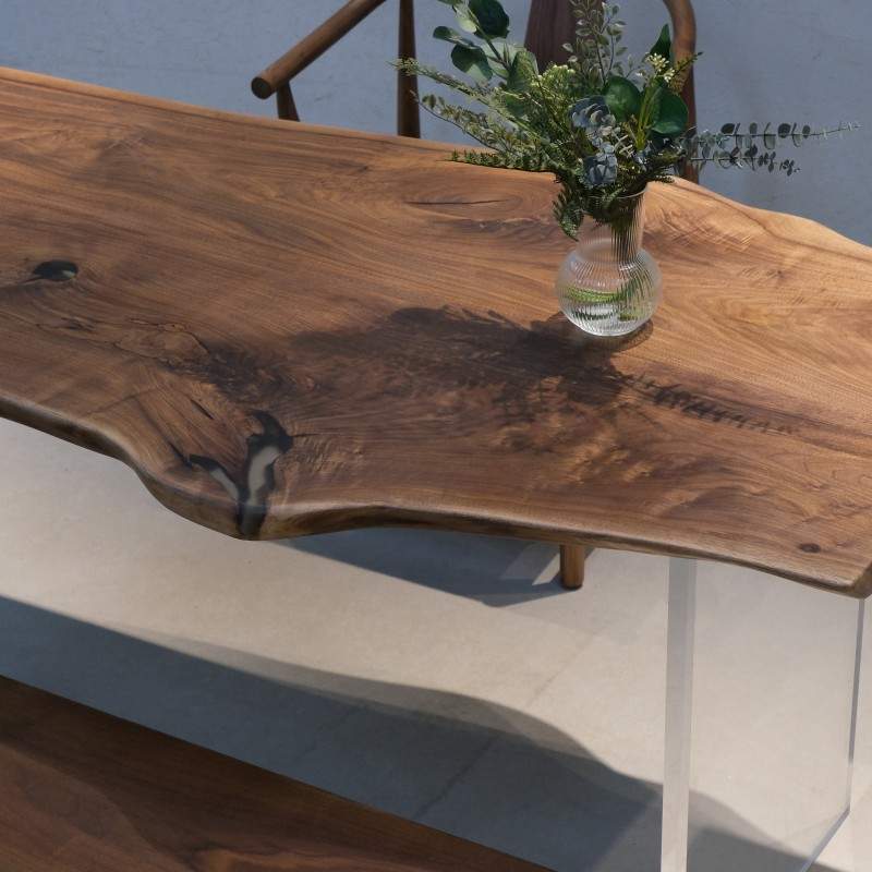 美拉德中古黑胡桃实木大板餐桌书桌透明悬浮桌脚原木双拼异形茶桌