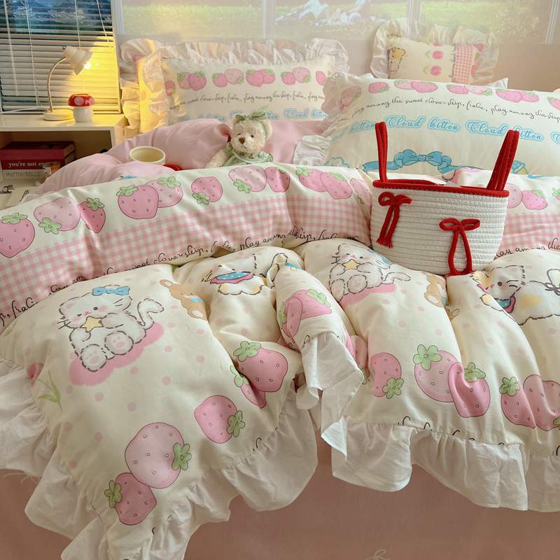 韩式INS卡通花边纯棉四件套清新少女心亲肤被套床单床上用品床笠