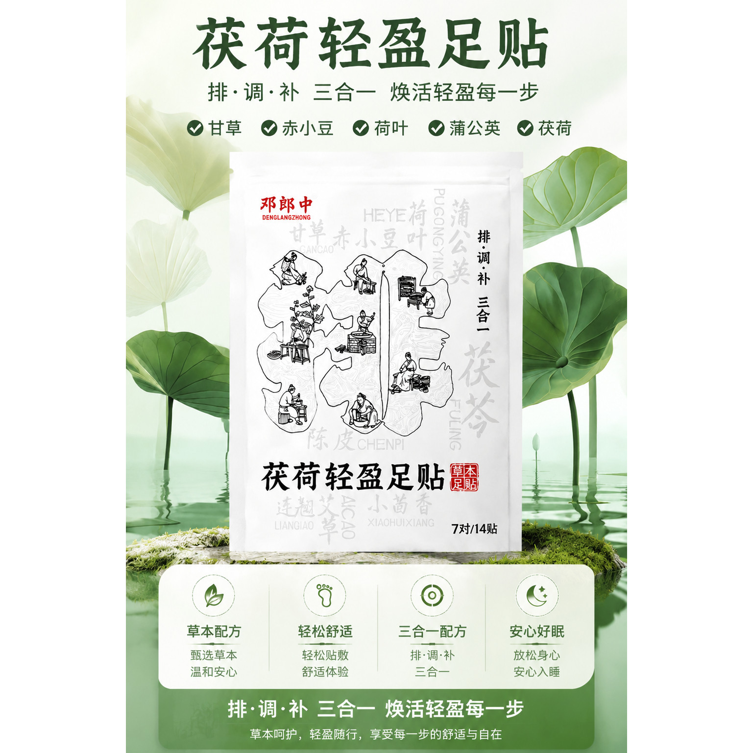邓郎中茯荷足贴草本植萃配方温和轻盈焕活舒缓疲劳开启足护