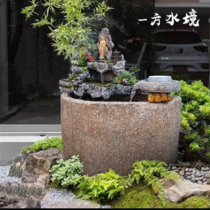古法养鱼缸假山瀑布造景喷泉流水景观循环水中式仿石摆件庭院装饰