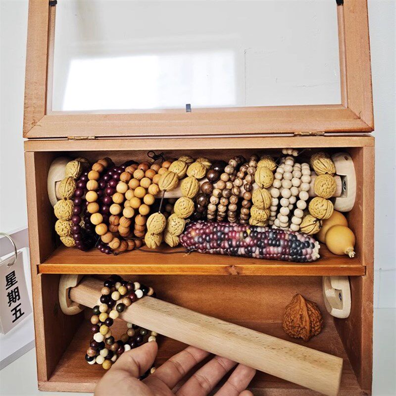 手串展示架手链收纳盒水晶串珠首饰盒桌面防尘双层木质复古展示柜图片