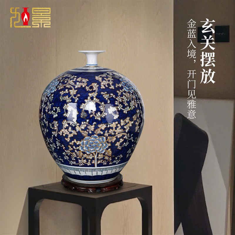 中式手绘青花瓷葫芦瓶客厅玄关博古架高档摆件礼品景德镇陶瓷花瓶