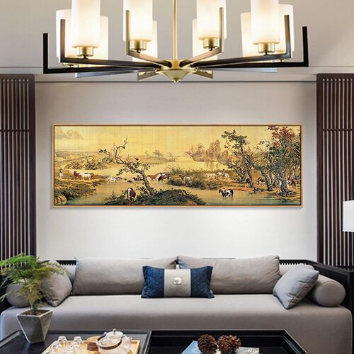 郎世宁装饰画百骏图挂画骏马装饰画客厅沙发背景墙壁画客厅国画横