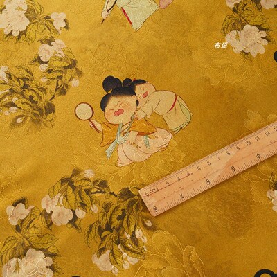 小唐人花卉香云纱花萝面料 明黄色 古风汉服旗袍上衣提花印花布料