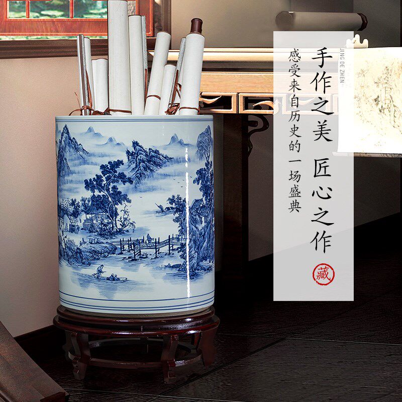 景德镇陶瓷字画缸卷轴缸字画桶箭筒青花瓷花瓶新中式客厅书房摆件