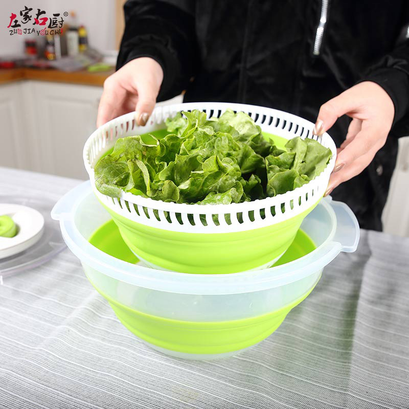 折叠洗菜盆手动拉绳脱水器甩干菜篮厨房水果蔬菜沙拉沥水篮滤水