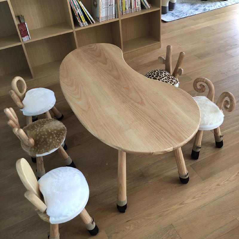 儿童实木桌椅组合幼儿园简约现代逗号桌月亮幼儿桌子1桌5椅可定制