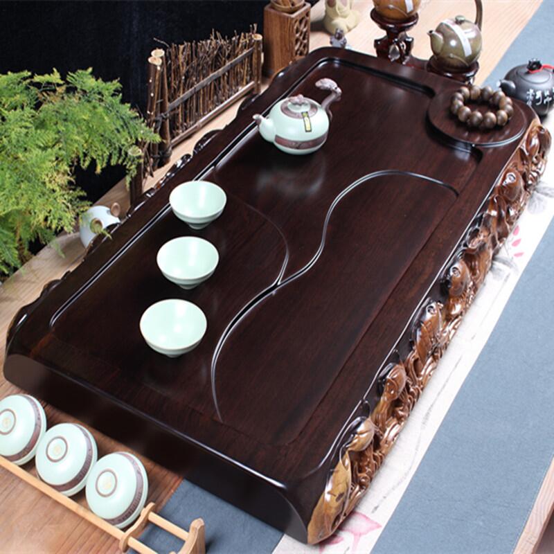 弘泰 黑檀木茶盘 整块实木茶盘 鸡翅原红花梨海托 功夫茶具荷花鱼