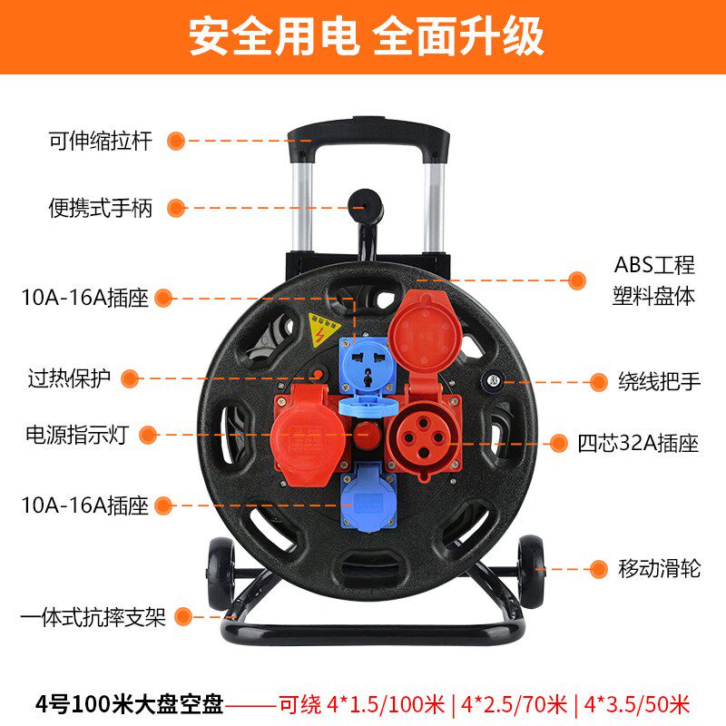 三相四线移动电缆盘防爆手摇收卷线盘空盘轮绕线盘拖线盘380v带线