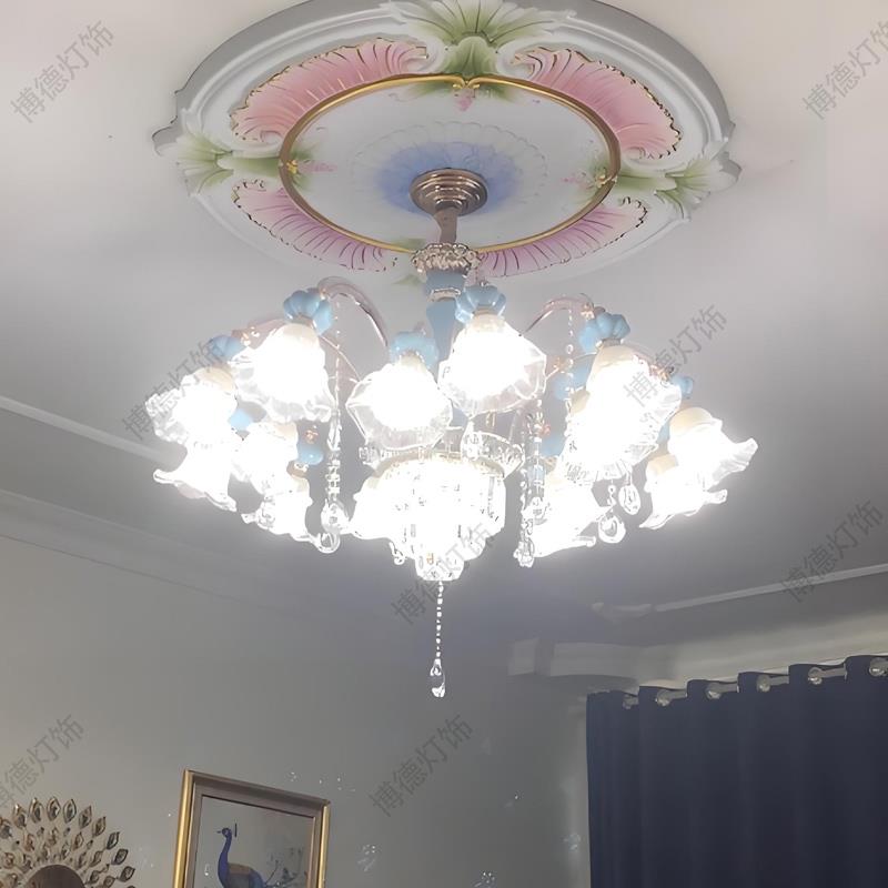 欧式水晶吊灯2025新款客厅饭厅卧室灯网红别墅复式楼陶瓷灯具套餐
