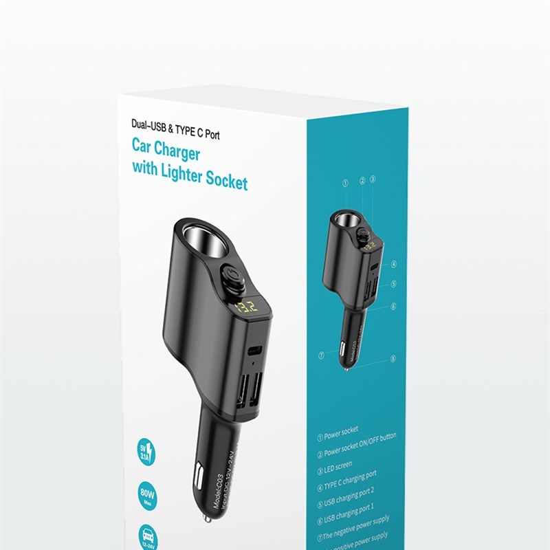 车载充电器单孔点烟器带独立开关数显12V/24通用汽车手机充电器