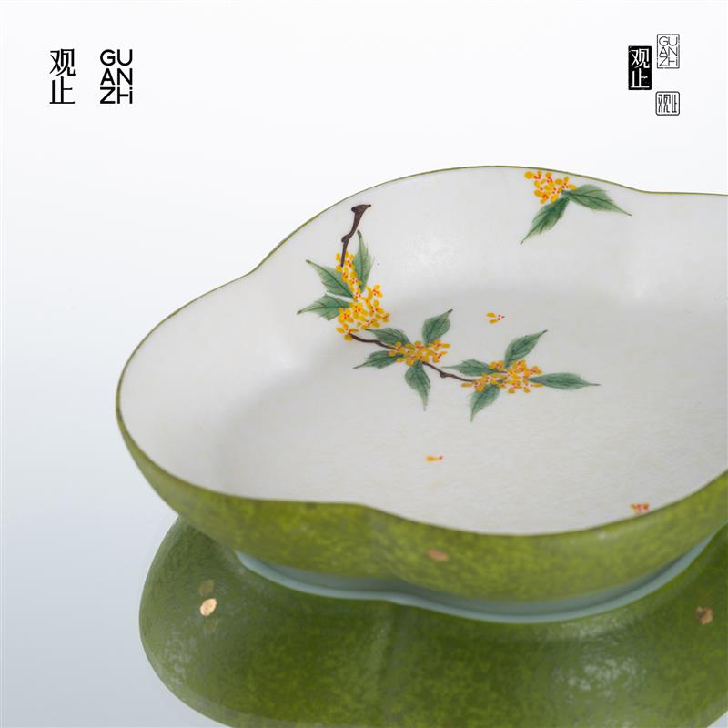 观止 手绘绿桂花壶承干泡台陶瓷茶具配件简约小型茶台托盘茶壶垫