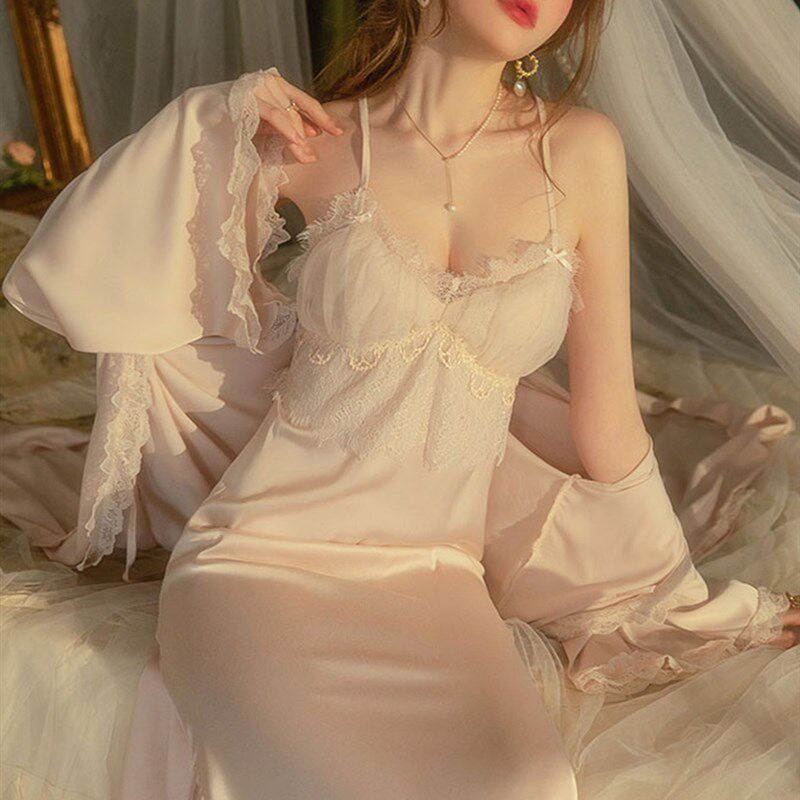 春季带胸垫睡裙女宫廷风蕾丝边冰丝薄款睡衣高级感超长裙睡袍套装