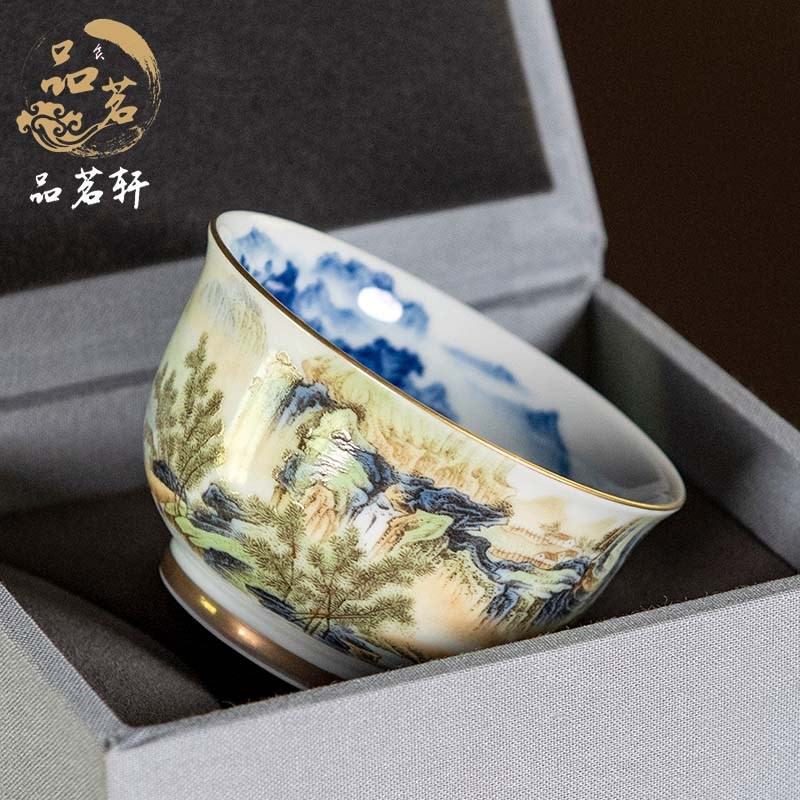 品茗轩 景德镇珐琅彩主人杯功夫茶具国风山水杯青花山水茶杯单杯
