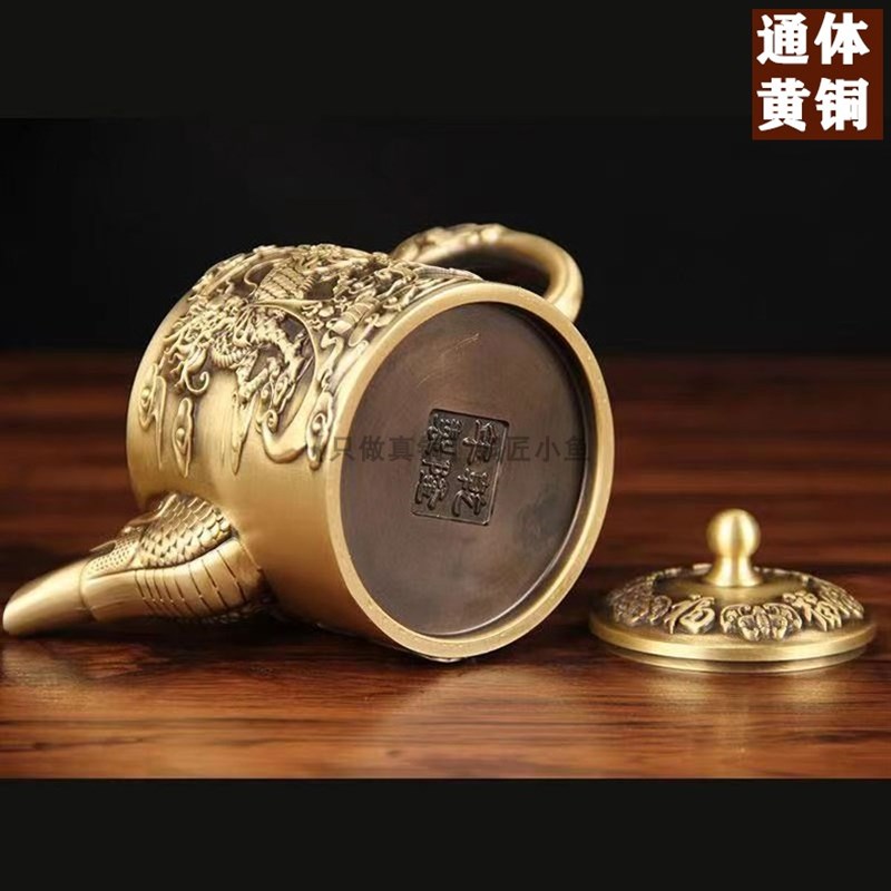 纯铜茶壶中国风麒麟壶黄铜壶百福酒壶龙凤茶壶铜家居古风茶具摆件