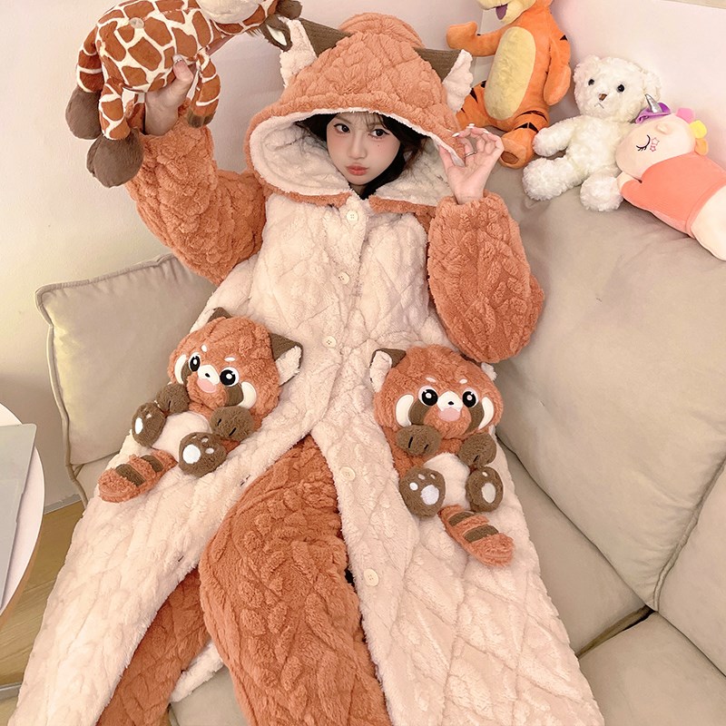 珊瑚绒睡衣女款秋冬季三层夹棉袄加厚加绒长款睡袍家居服浴袍套装