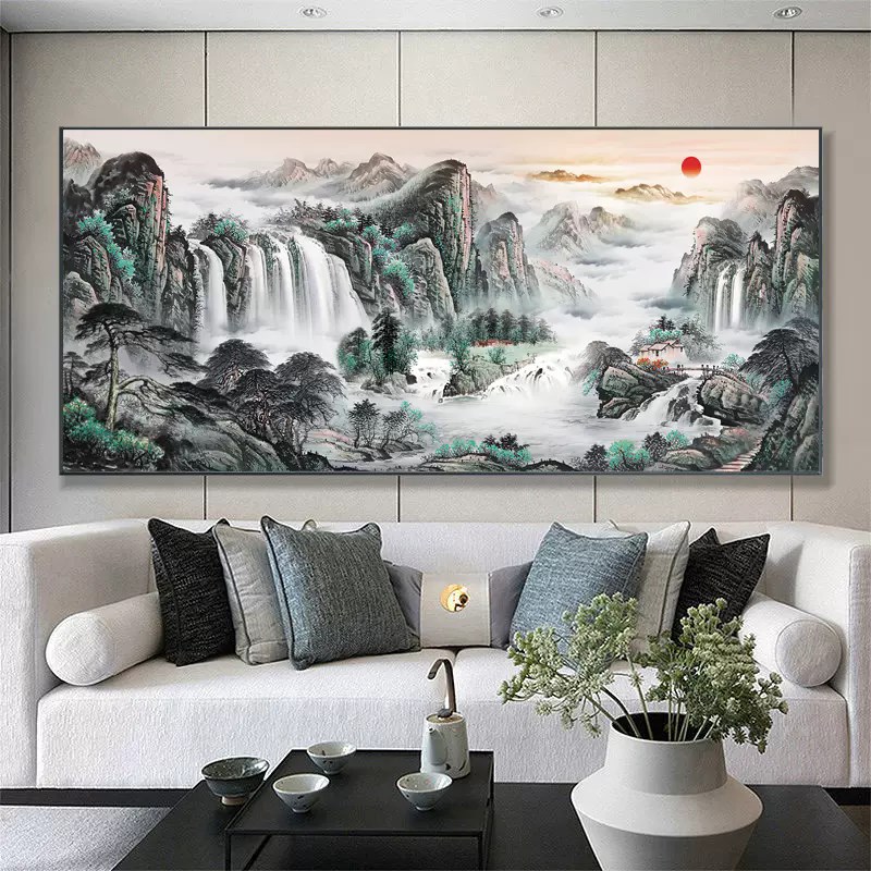 新中式山水画客厅挂画背景墙装饰画中堂壁画风景画国画办公室字画