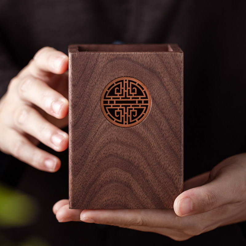 黑胡桃木实木民族风笔筒办公室桌面文具用品收纳盒学生创意礼品