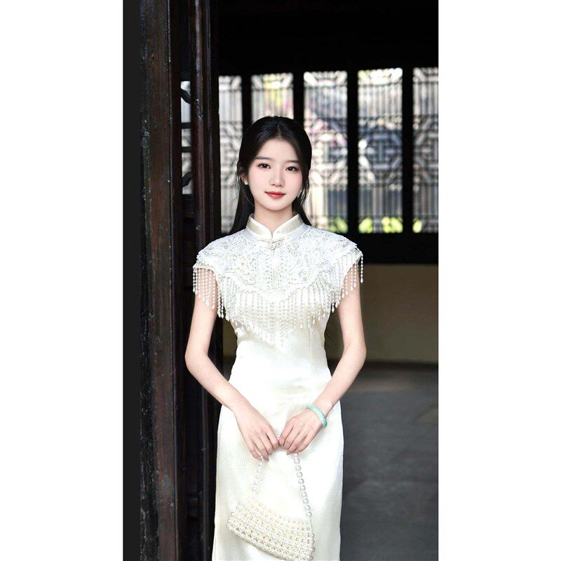 新中式风白色蕾丝珍珠流苏云肩旗袍披肩女复古名媛小披肩汉服外搭