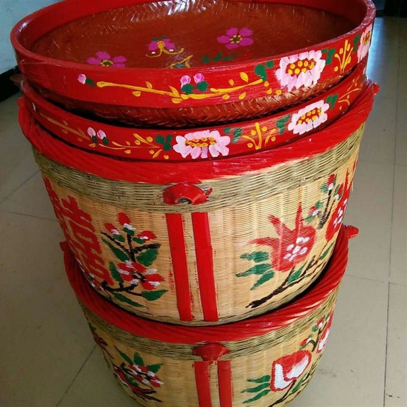 竹箩筐大号结婚嫁妆订婚满月搬家喜庆簸箕竹编制品纯手工竹编箩筐