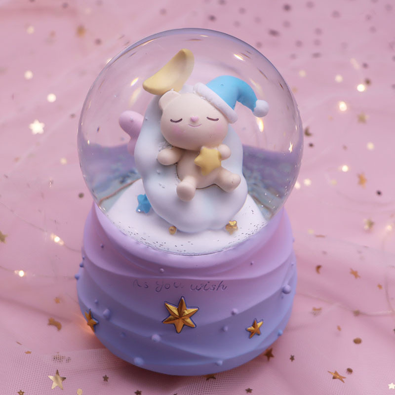梦幻可爱月亮小猪兔子彩灯飘雪内转玻璃水晶球音乐盒儿童生日礼物
