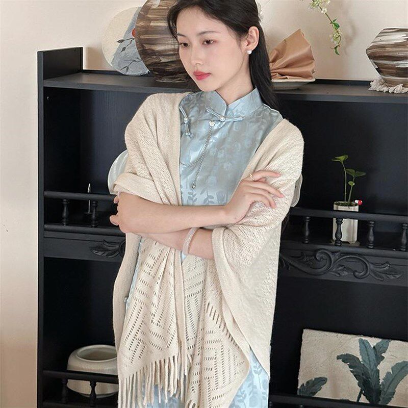 旗袍披肩百搭文艺复古针织披肩女外搭镂空流苏斗篷披风薄款春秋
