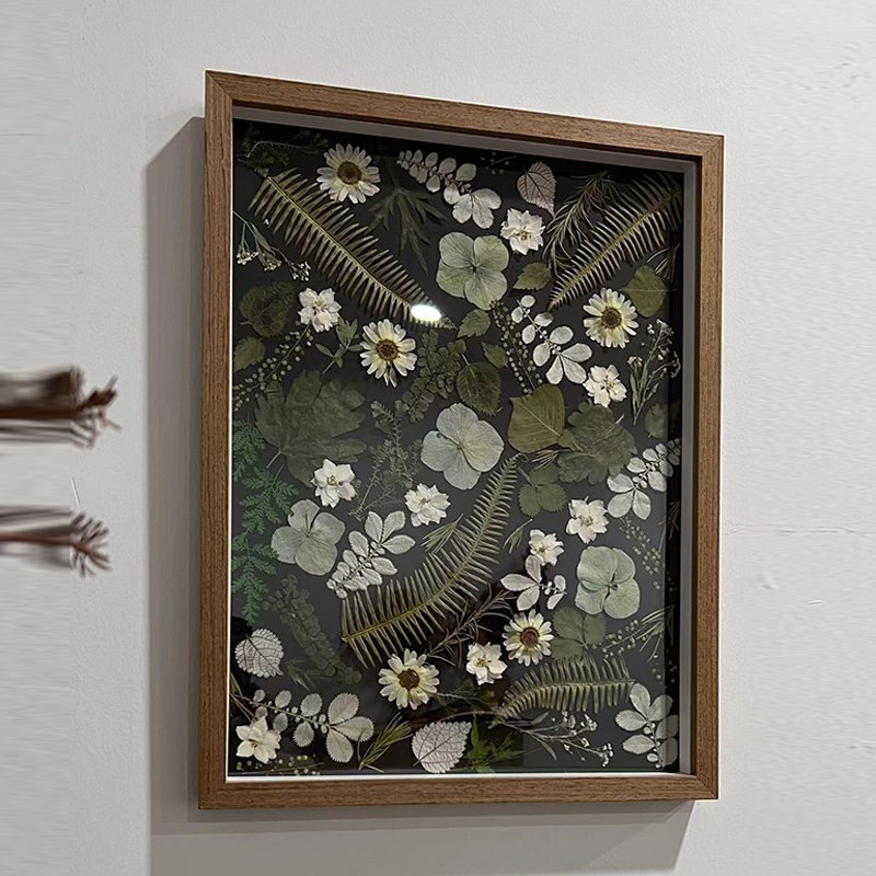 复古植物标本装饰画花卉小清新复古胡桃木押花相框ins黑底压花画