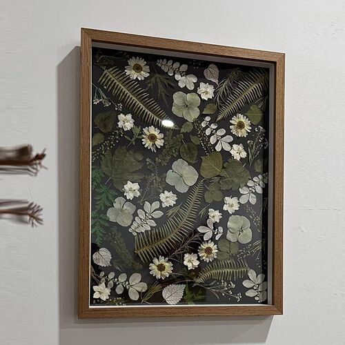 复古植物标本装饰画花卉小清新复古胡桃木押花相框ins黑底压花画