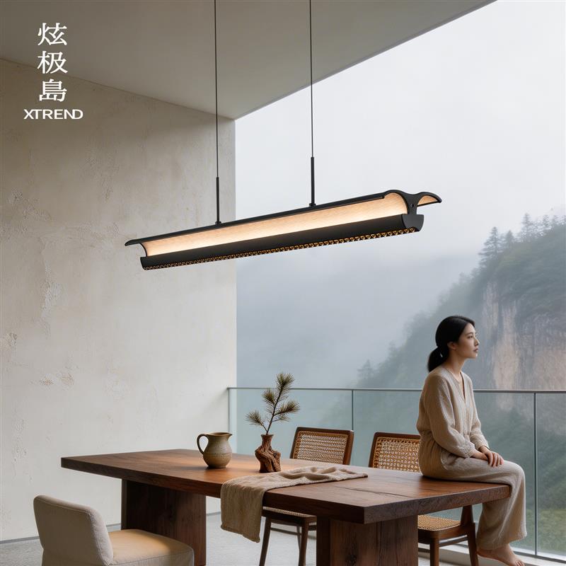 饭厅吊灯意式极简吧台茶室岛台吊灯一字长条手扫格栅护眼饭厅吊灯