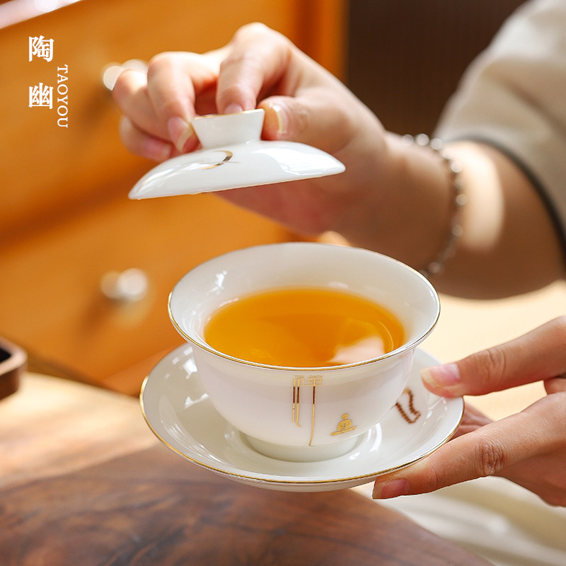 德化羊脂玉瓷盖碗白瓷盖碗茶具套装家用大号敬茶杯组三才泡茶碗玉