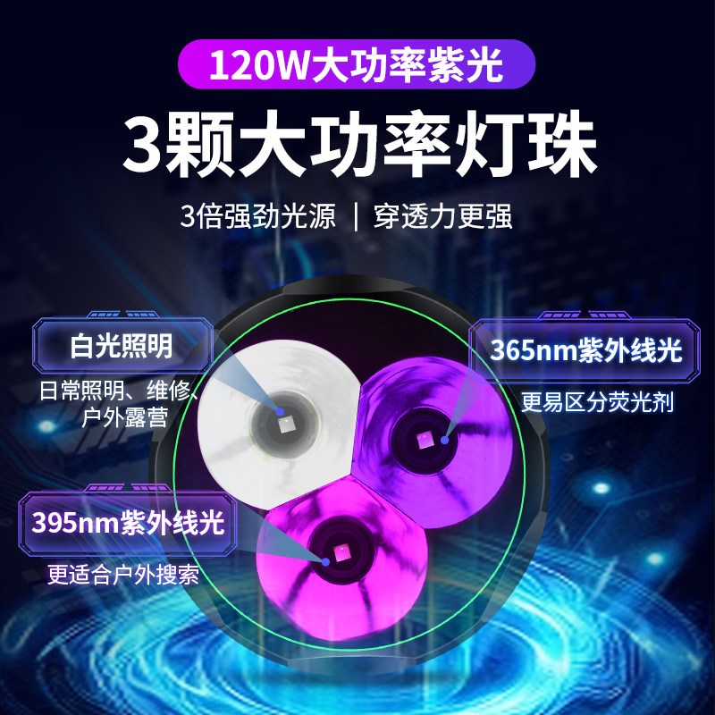 3光源紫光手电筒照蝎子荧光剂防伪机械探伤白光365紫外线检测灯