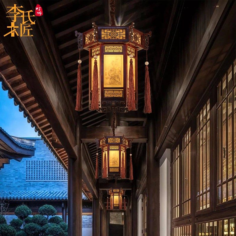 中式实木吊灯六角宫灯仿古红灯笼寺庙祠堂中国风古典凉亭门头灯具