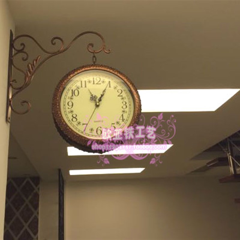 客厅欧式铁艺双面挂钟石英 创意双面钟表 复古田园壁挂钟静音包邮