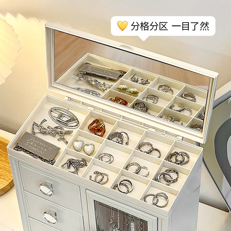 高级感首饰盒轻奢高档带镜化妆台桌面项炼耳针戒指发饰饰品收纳盒