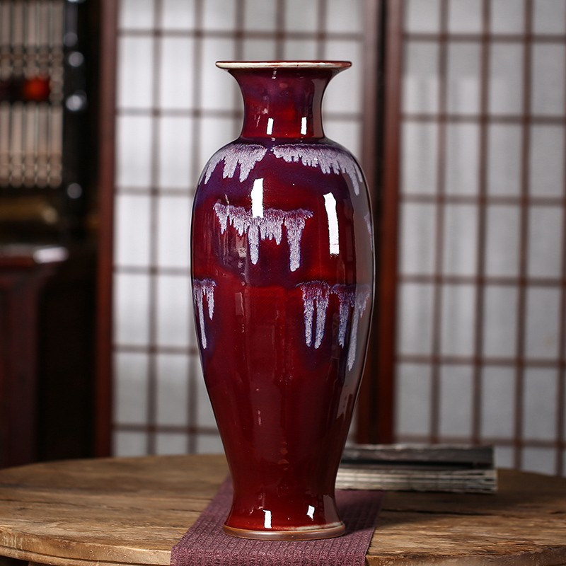 景德镇陶瓷器 钧瓷颜色釉双耳郎红花瓶 玉壶春中式家饰工艺品摆件
