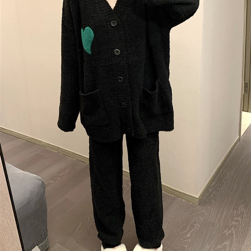 韩国半边绒睡衣冬季女加绒加厚珊瑚绒家居服可外穿套装2023年新款