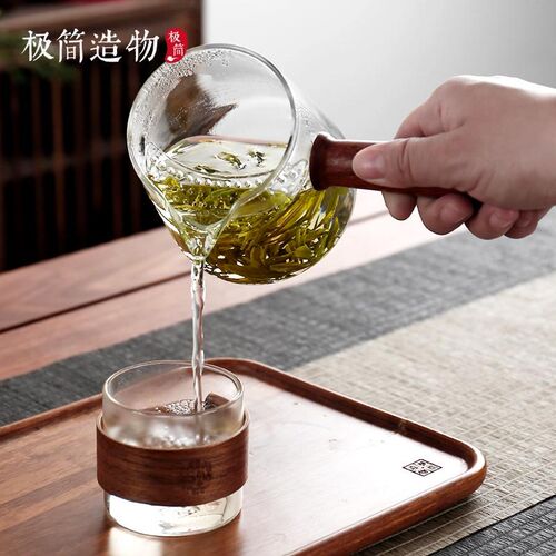 侧把泡茶壶月牙茶漏滤网一体公道杯玻璃加厚耐高温高档分茶器茶具