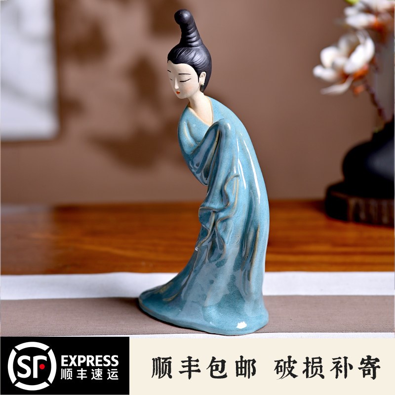 只此青绿仕女摆件陶瓷工艺品电视柜桌面软装饰品创意高级感艺术品