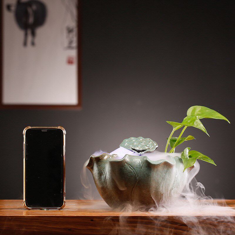 风车流水摆件循环水桌面招财水系创意陶瓷莲蓬小型喷泉办公室装饰