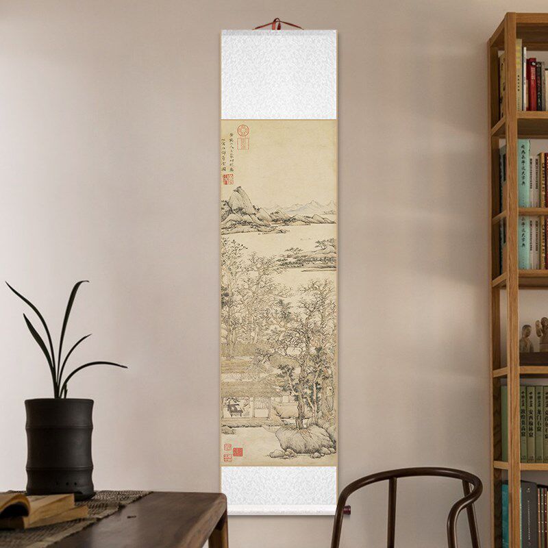 倪瓒秋亭嘉树图新中式卷轴挂画山水画客厅装饰画书房茶室玄关壁画