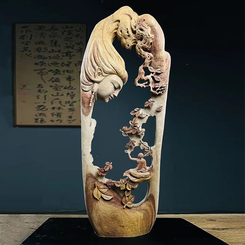 崖柏黄杨木原木木雕手工观音人物实木佛像玄关装饰艺术品根雕摆件