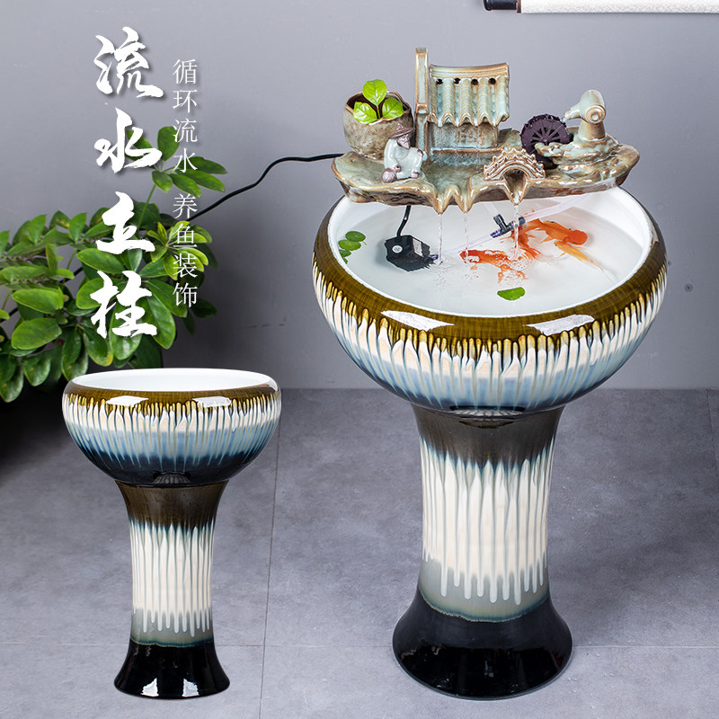 景德镇陶瓷落地立柱式鱼缸茶壶流水金鱼缸睡莲碗莲荷花盆锦鲤室外