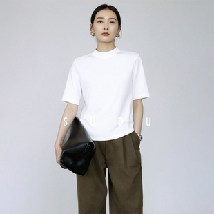 SUDU素都2026春季半高领白色短袖T恤女基础极简风百搭打底衫上衣