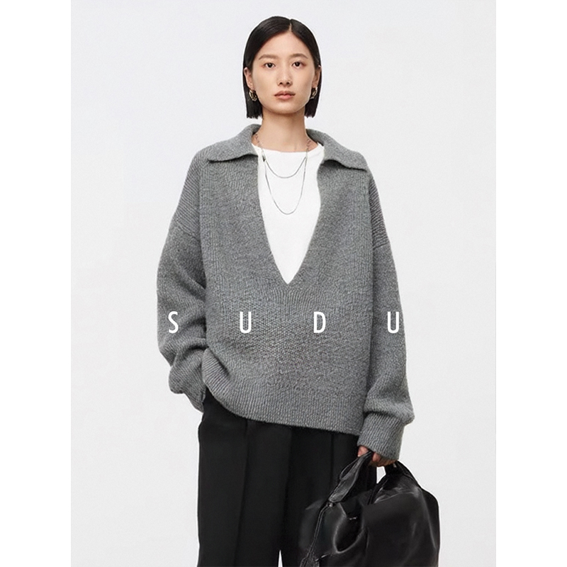 素都坑条羊毛大V领廓形针织衫女