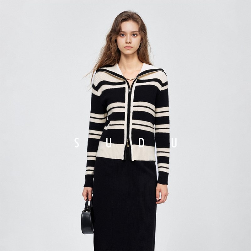 素都短款双拉链开衫条纹毛衣外套