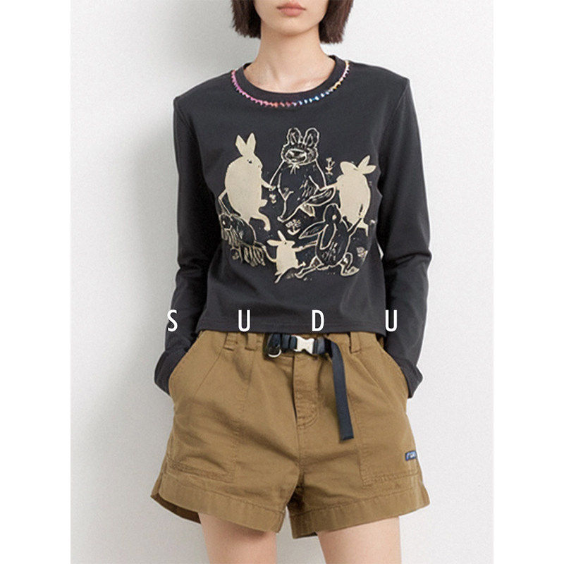 SUDU素都2026春季新款领口手工缝线趣味兔子印花长袖t恤女装上衣,女装/女士精品,T恤,淘宝优惠券,粉丝福利购,淘宝优惠卷