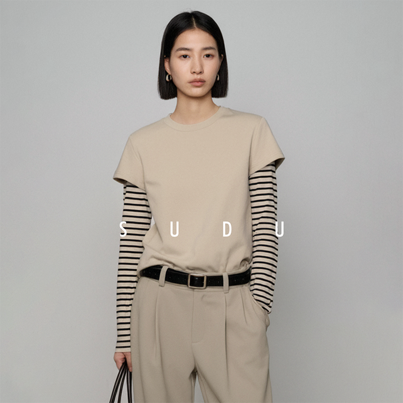 素都假两件拼接条纹长袖t恤上衣